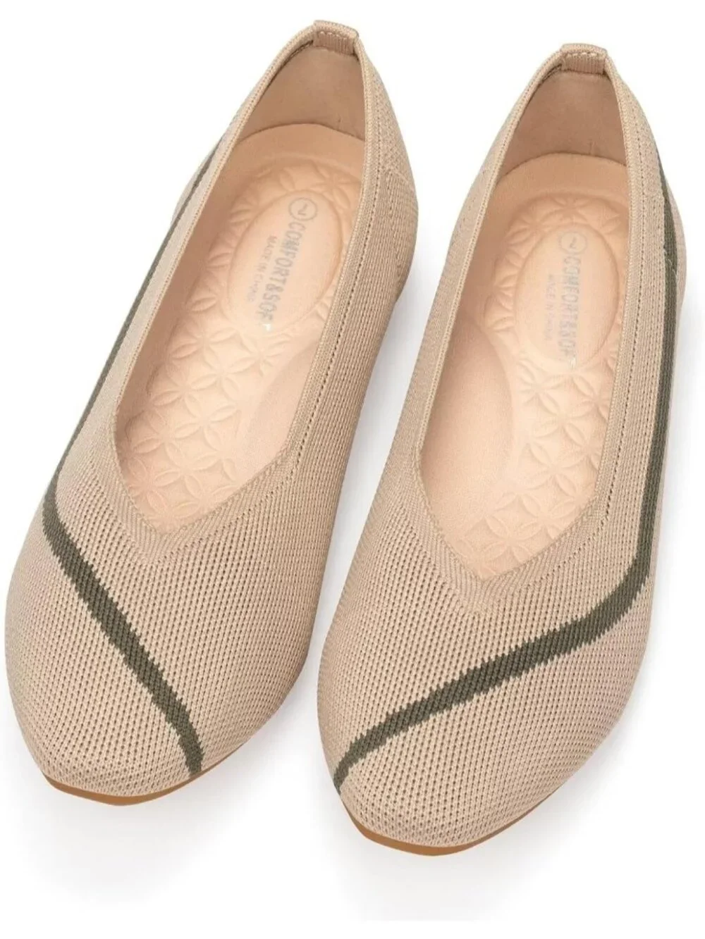 Frank Mully Women's Camel Rubber Knitted Square Toe Comfortable Slip On Flats